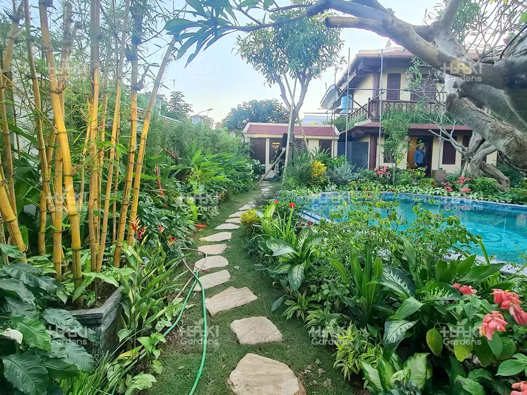 Lối đi cạnh bể bơi được trồng, trang trí từ nhiều loại cây sáng tạo không gian nhiều màu sắc.